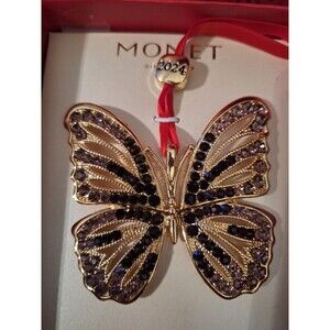 2024 Monet Gold Tone Pink & Burgandy Rhinestone Butterfly Christmas Ornament NIB